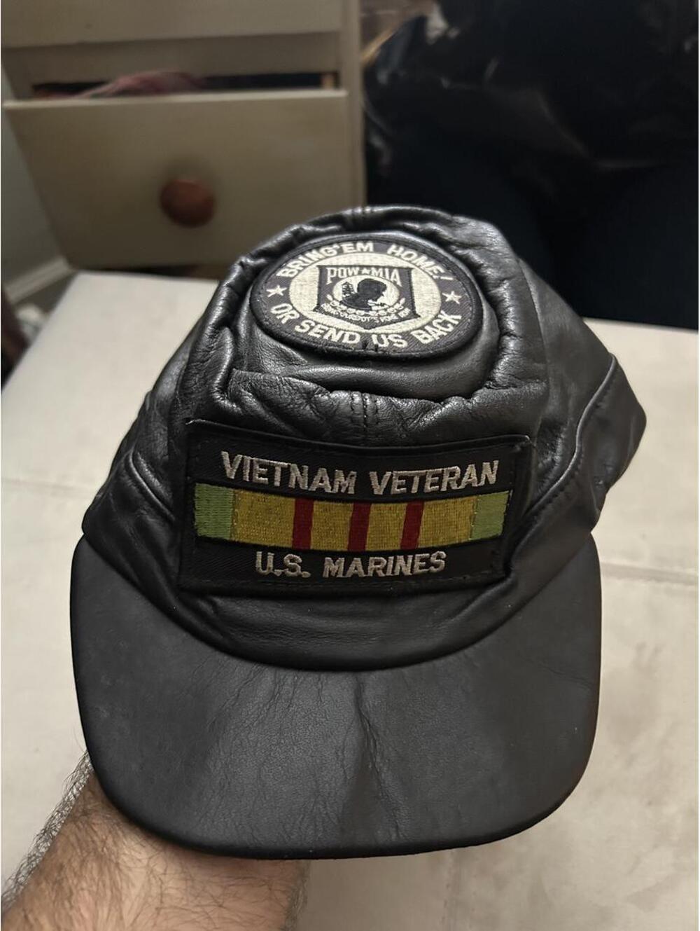 Black leather Vietnam veteran U.S. Marines biker cap with embroidered patch